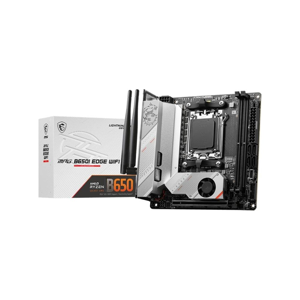 Płyta główna MSI MPG B650 EDGE WIFI i pudełko z AMD Ryzen.