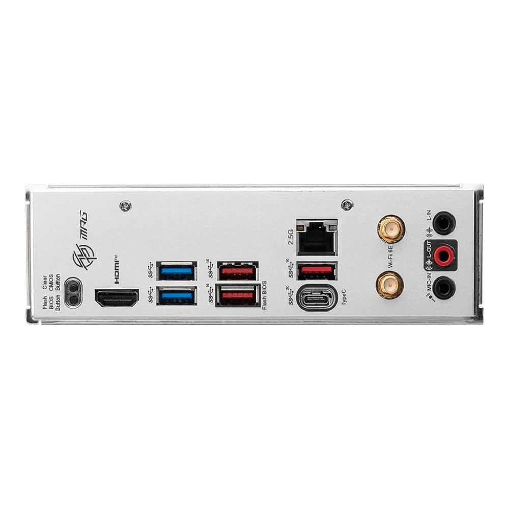 Tył płyty głównej z portami takimi jak HDMI, USB, Ethernet i audio.