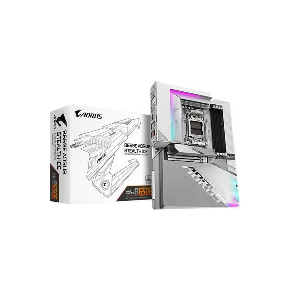 Płyta główna AORUS B650E Stealth Ice i pudełko na białym tle.