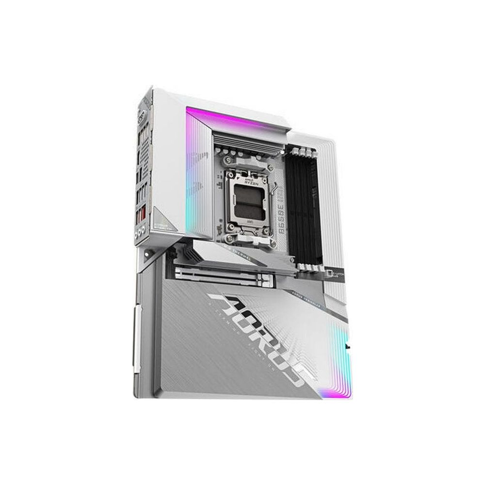 Biała płyta główna z gniazdem CPU, slotami RAM i oświetleniem RGB.