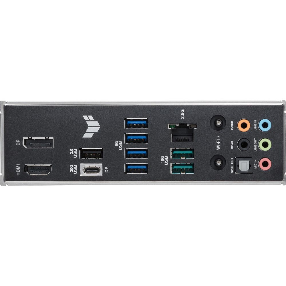 Panel tylny z HDMI, DP, portami USB, Ethernet 2.5G, Wi-Fi 7, gniazdami audio.