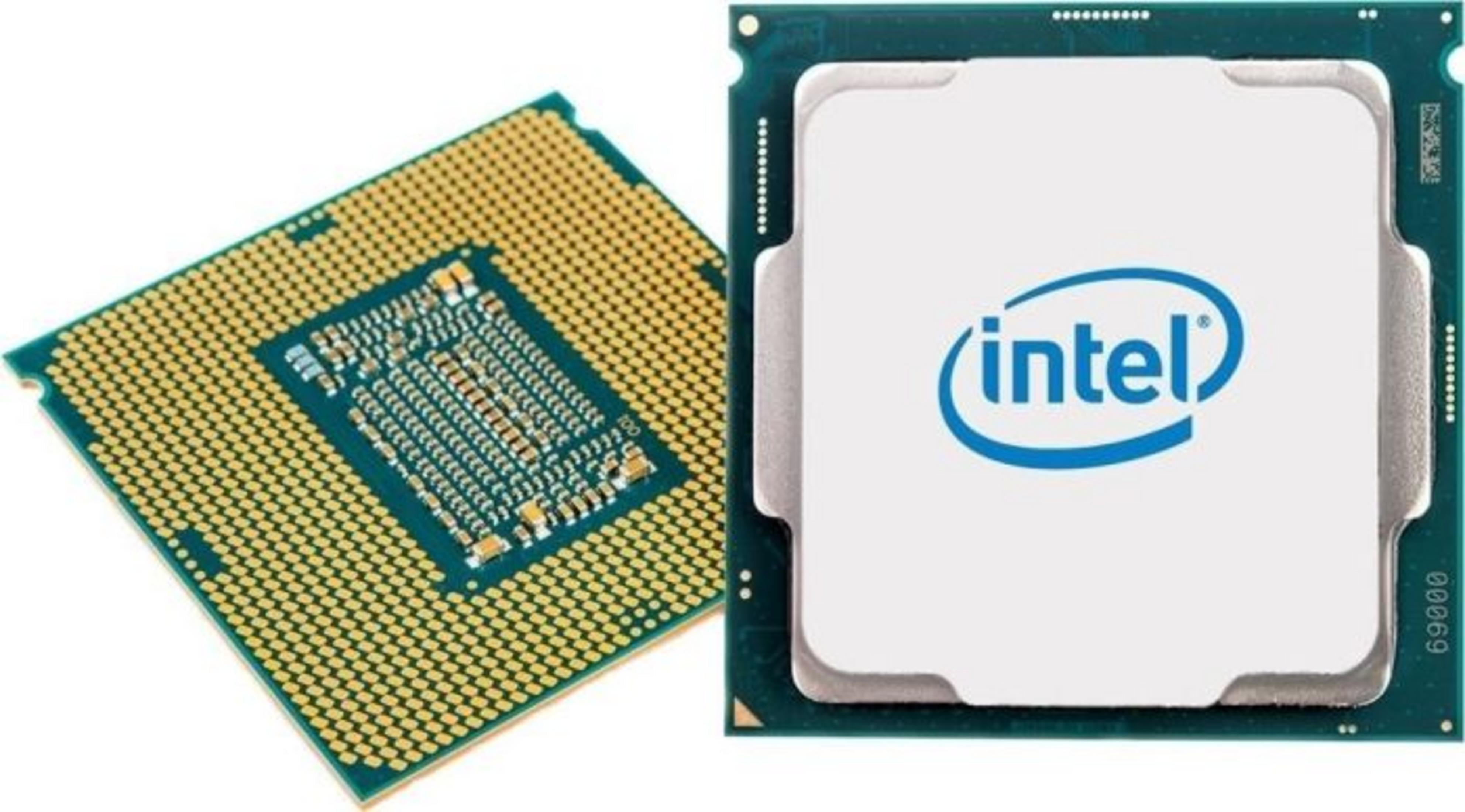 Una CPU con logo Intel e un'altra CPU dal basso con molti pin.