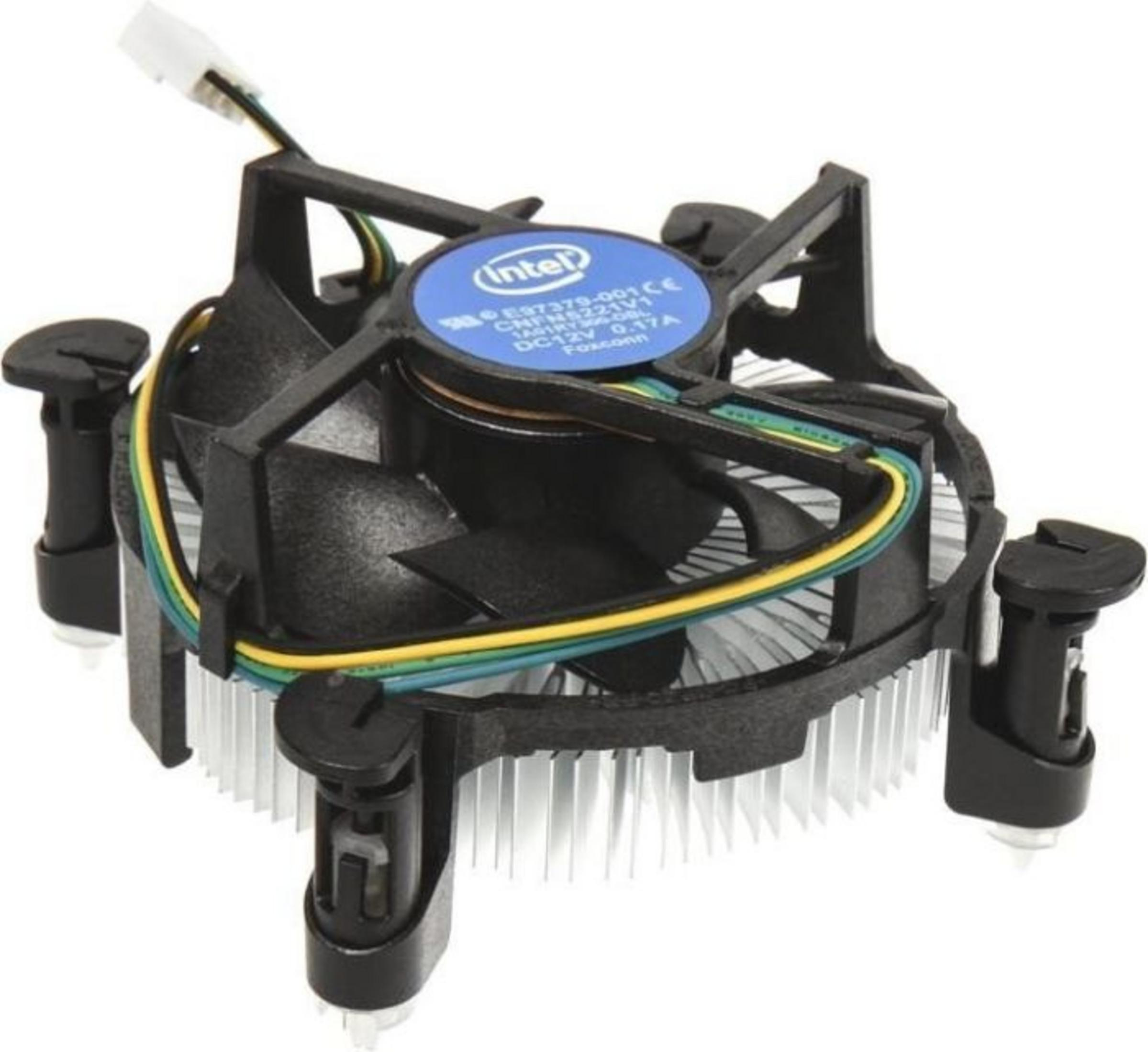 Un dissipatore CPU Intel nero con alette in alluminio e quattro piedini di montaggio.