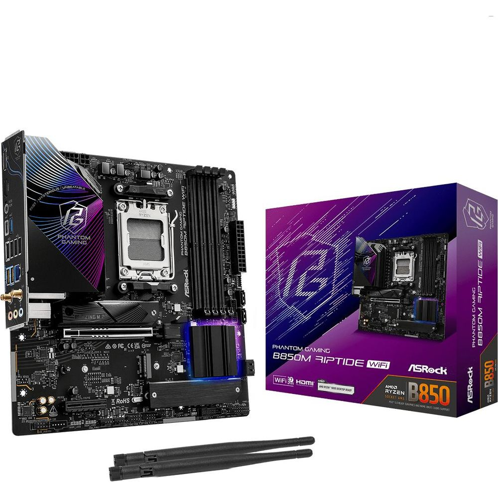 Płyta główna ASRock B850M Riptide WiFi i pudełko z antenami.