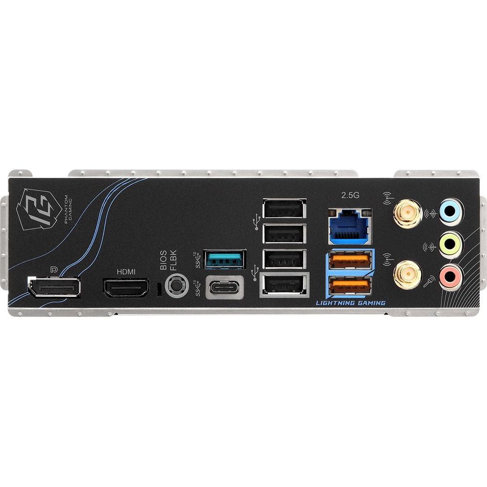 Tylny panel płyty głównej z portami: USB, HDMI, Ethernet, audio i złącza antenowe.