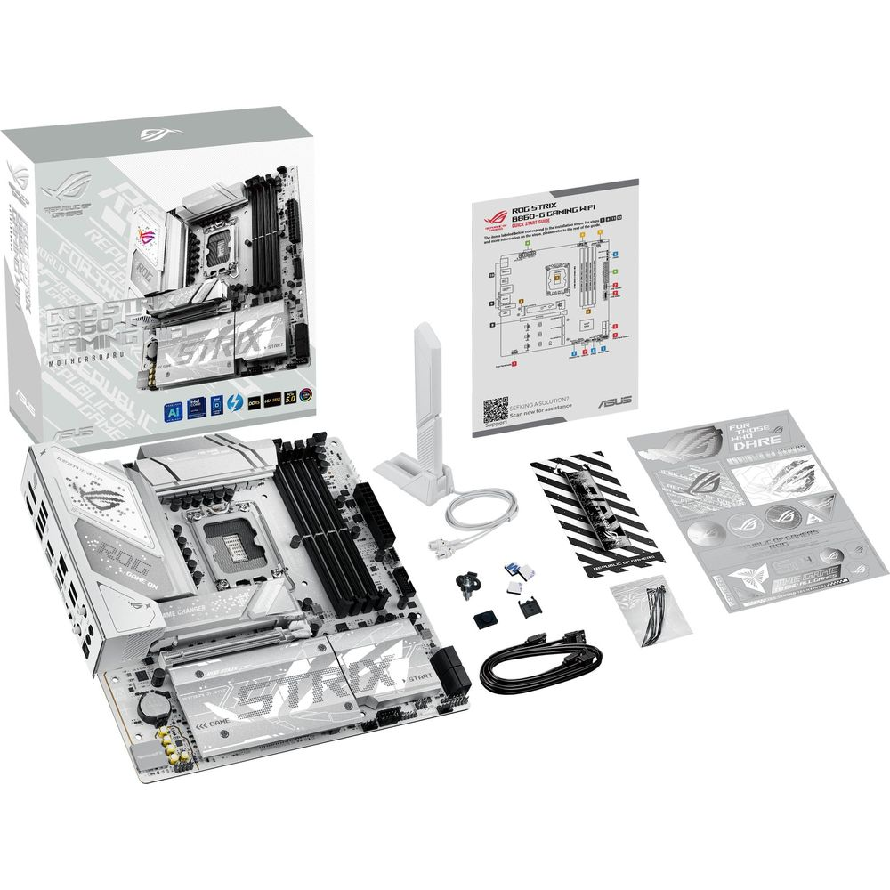 Biała płyta główna z srebrnymi akcentami, kablami i instrukcjami.