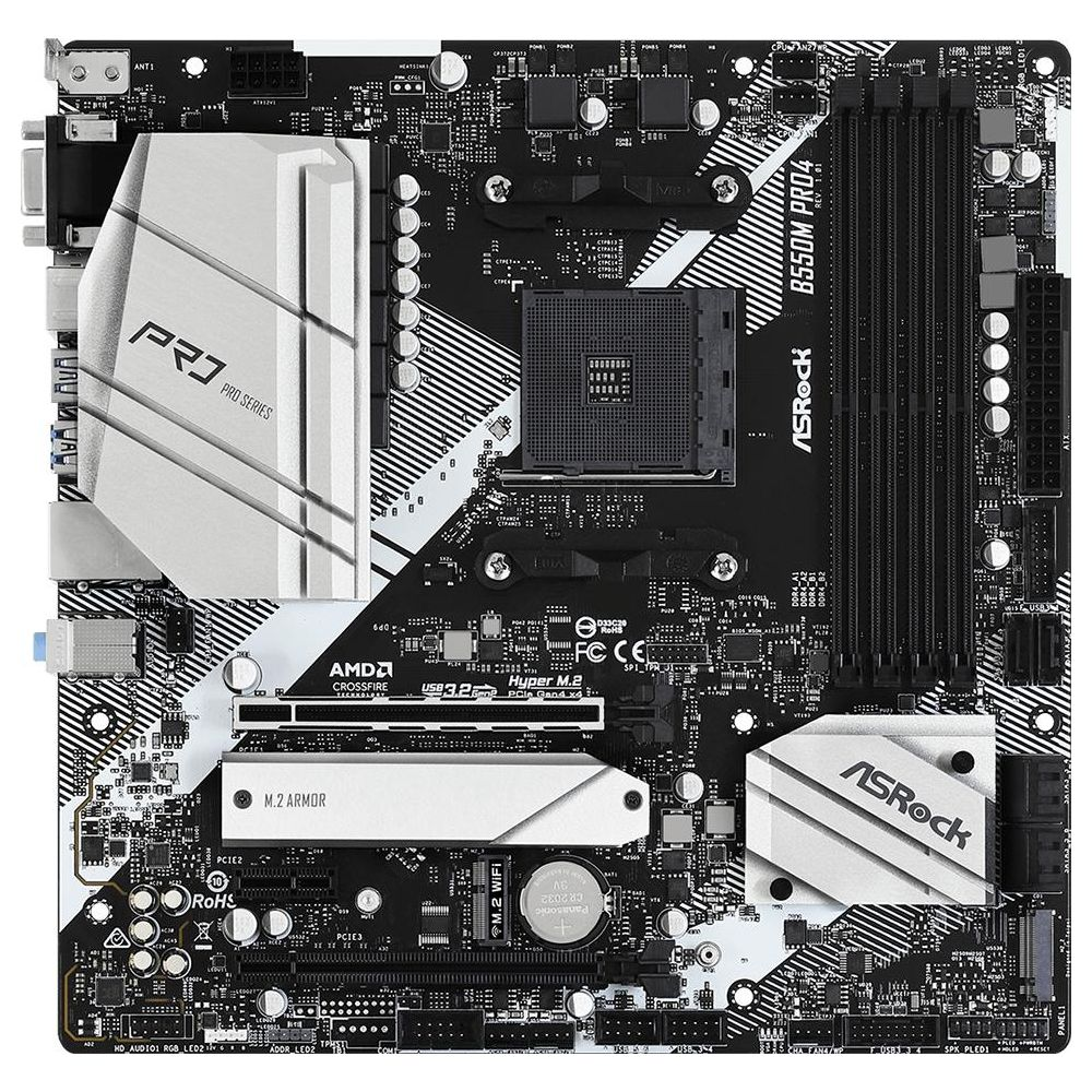 Płyta główna ASRock B550M PRO4 z gniazdem CPU, slotami RAM i slotami M.2.