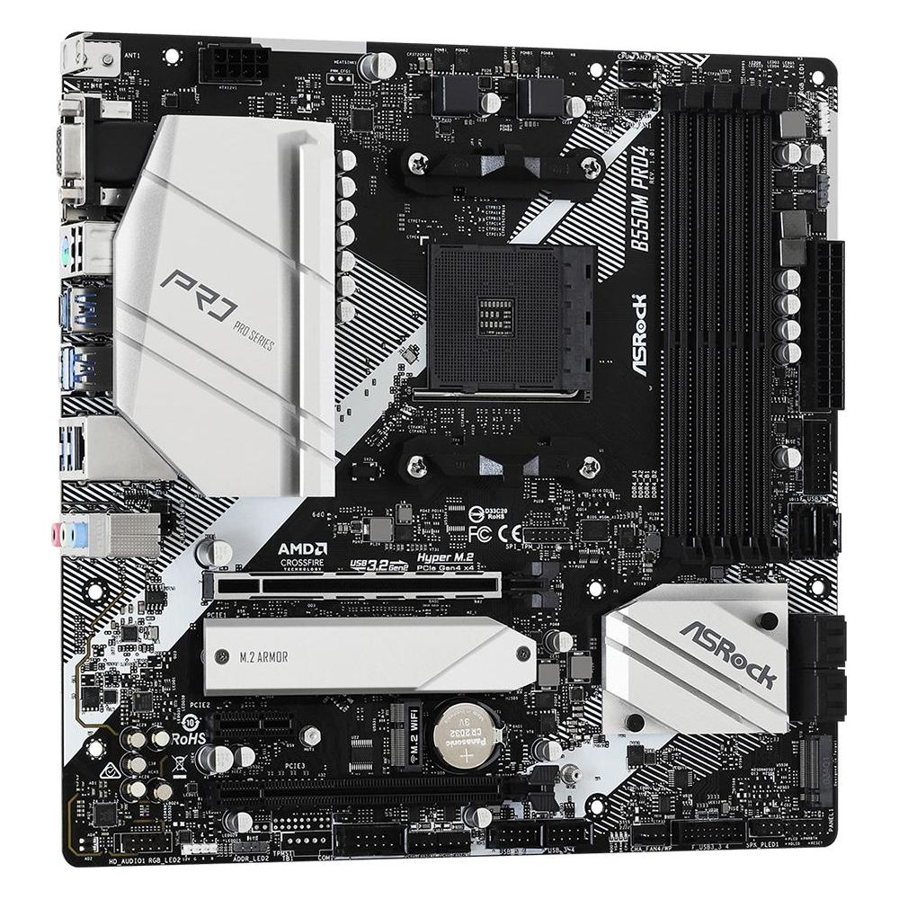 Płyta główna ASRock B550M PRO4 z gniazdem CPU, slotami RAM i złączami.