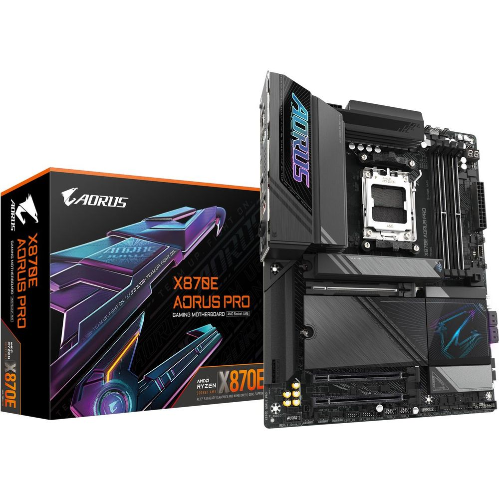 Płyta główna gamingowa Aorus X870E Aorus Pro i opakowanie.