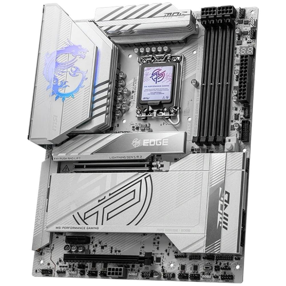 Biała płyta główna z radiatorami, gniazdem CPU, slotami RAM i złączami.