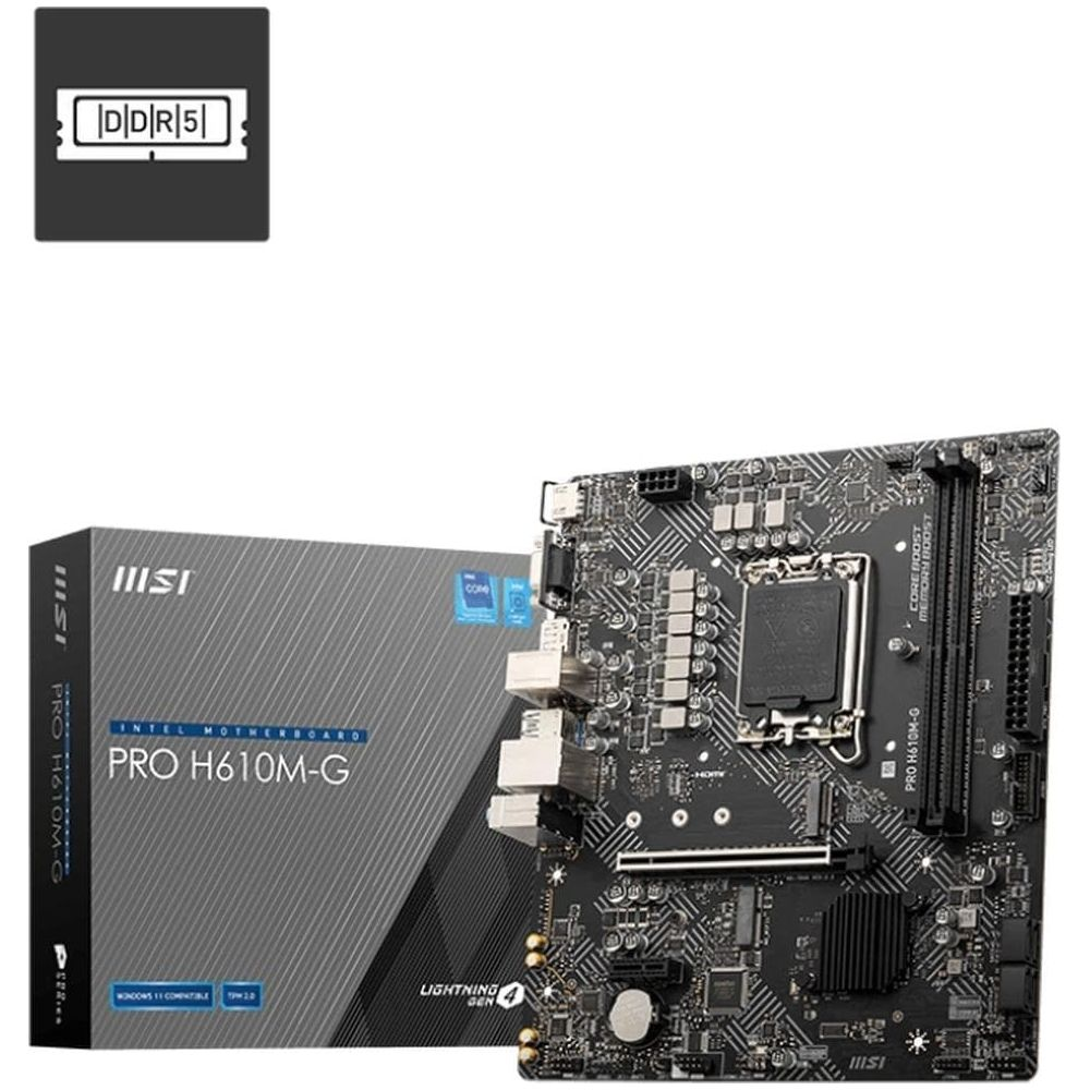 Płyta główna MSI PRO H610M-G DDR5 i jej pudełko. Logo DDR5 w lewym górnym rogu.