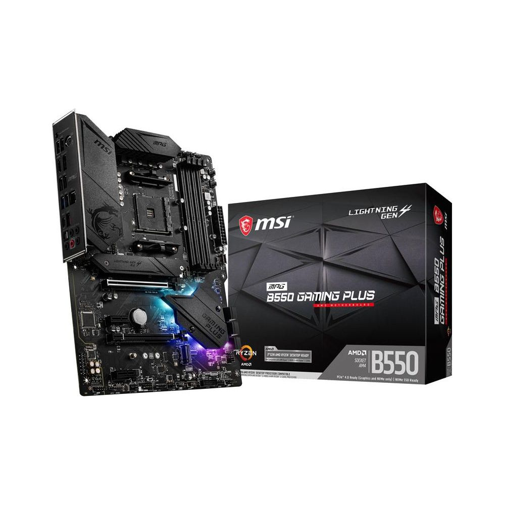 Płyta główna MSI MPG B550 Gaming Plus i pudełko z logo AMD Ryzen.