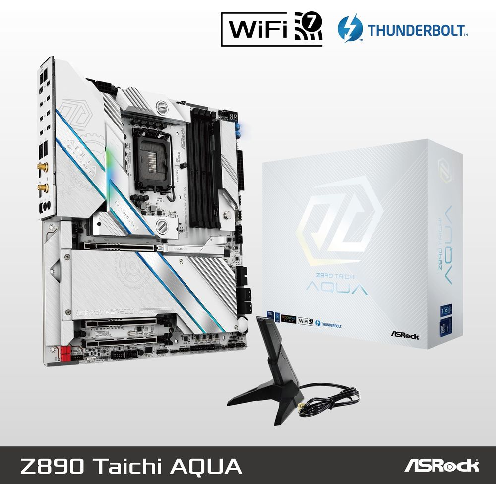 Płyta główna ASRock Z890 Taichi AQUA i pudełko z WiFi 7 i Thunderbolt.