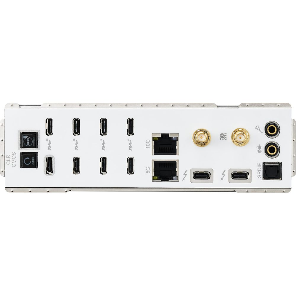 Tylny panel komputera z portami USB-C, Ethernet, audio i antenowymi.