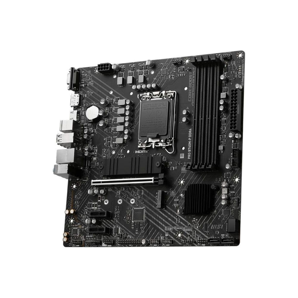 Czarna płyta główna z gniazdem CPU, slotami RAM i złączami.