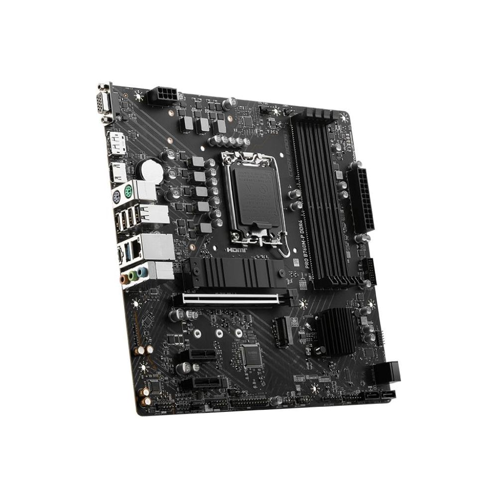 Czarna płyta główna z wieloma portami i chipami.