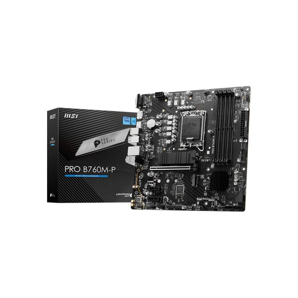 Płyta główna MSI PRO B760M-P i jej pudełko na białym tle.
