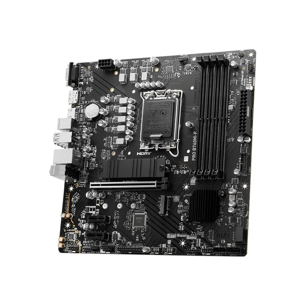 Czarna płyta główna z gniazdem procesora, slotami RAM i złączami.