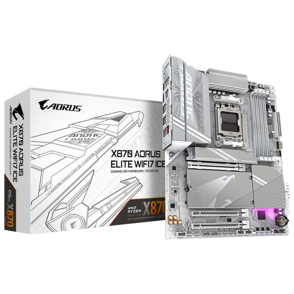 Płyta główna AORUS X878 Elite Wifi7 Ice i jej opakowanie.