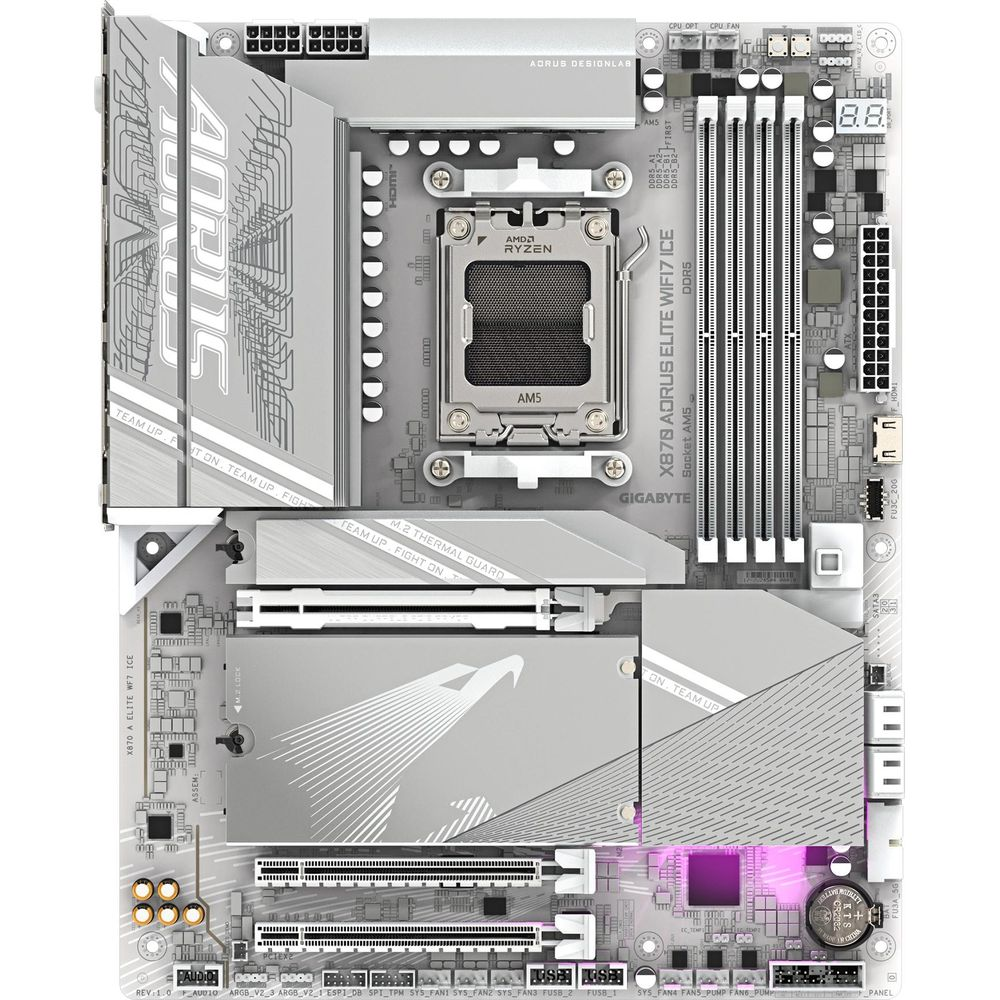Biała płyta główna AMD X870 AORUS ELITE WIFI7 ICE z gniazdem procesora Ryzen.