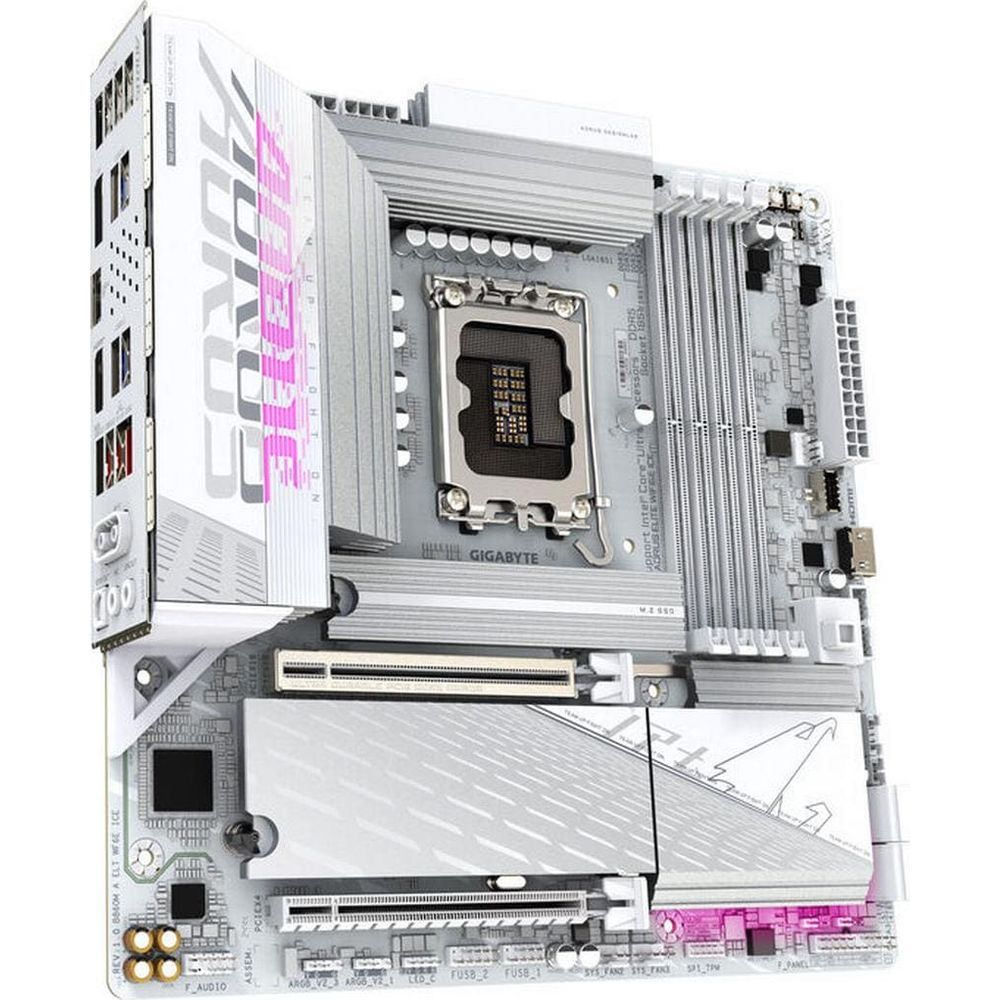 Biała płyta główna z srebrnymi radiatorami i różowymi akcentami.