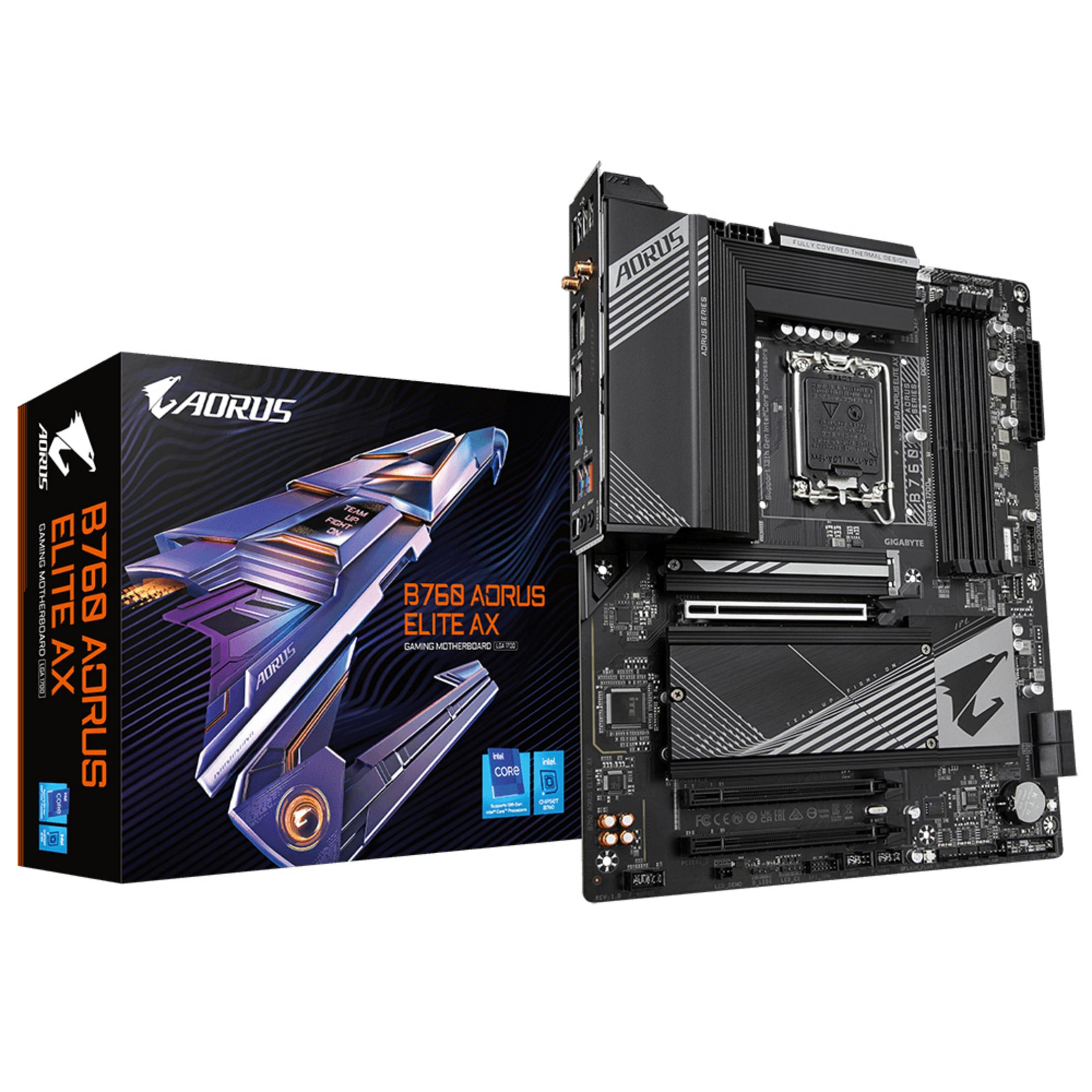 Scheda madre AORUS B768 e la sua confezione.