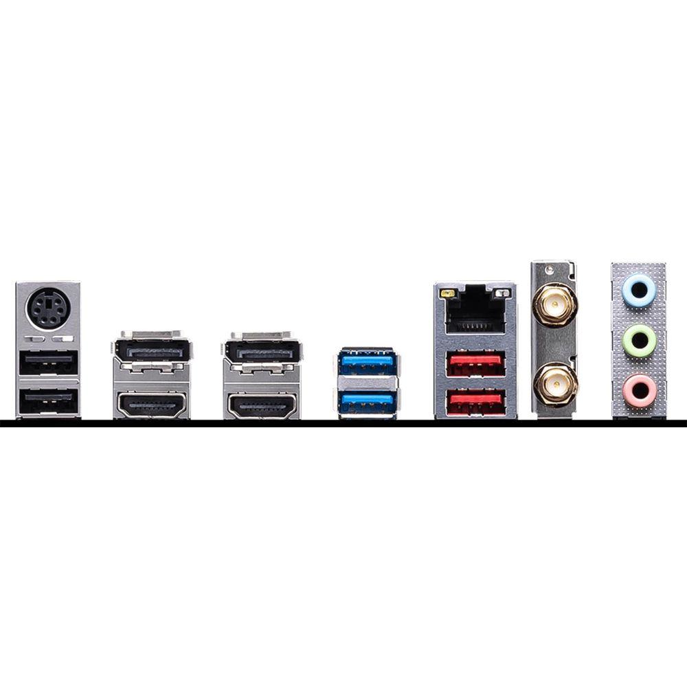 Tylny panel I/O płyty głównej z różnymi portami: PS/2, USB, HDMI, Ethernet, Wi-Fi, audio.