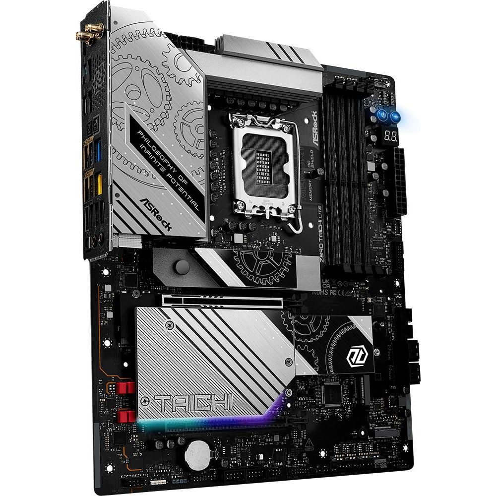 Płyta główna ASRock Z690 Taichi Lite z gniazdem CPU, slotami RAM i radiatorami.