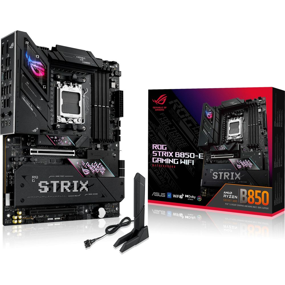 Płyta główna ROG Strix B850-E Gaming WiFi z akcesoriami na białym tle.