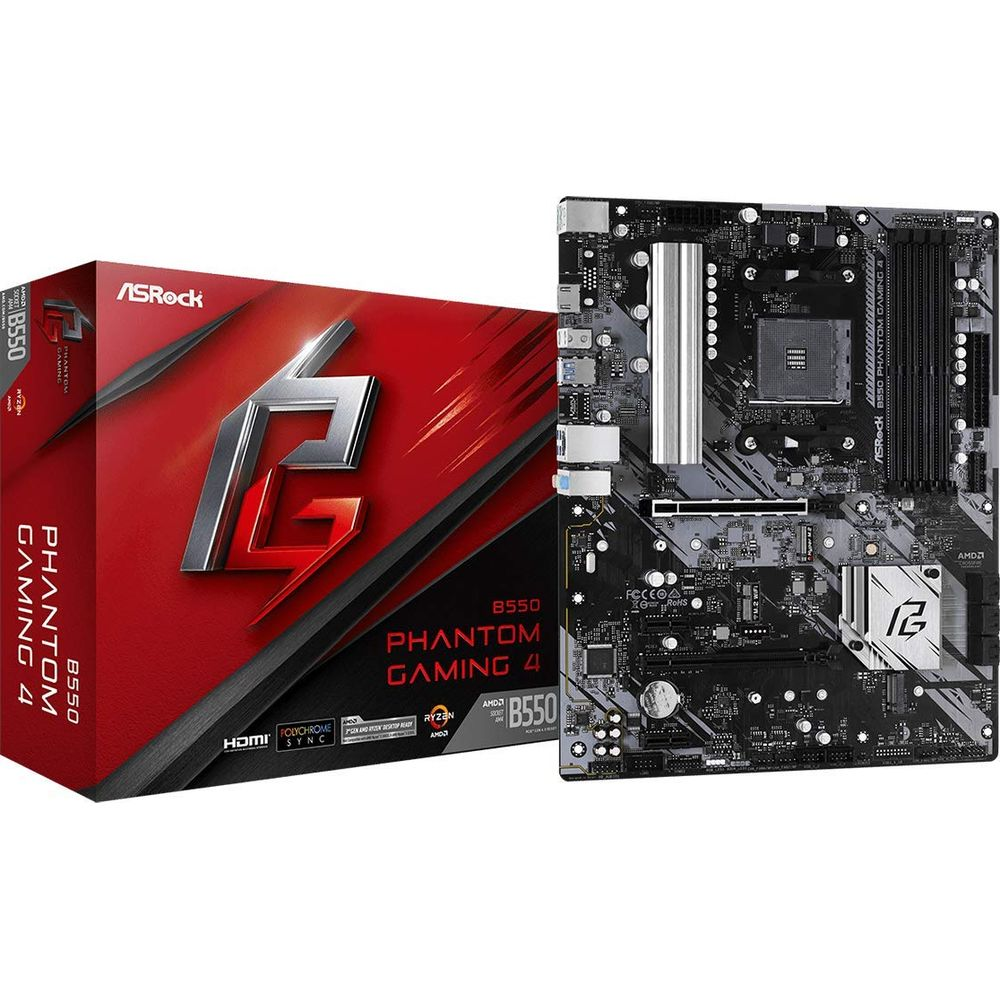 Płyta główna ASRock B550 Phantom Gaming 4 i jej pudełko.