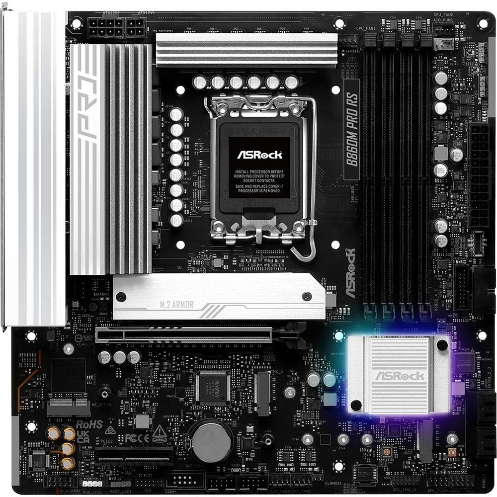 Czarna płyta główna ASRock B860M PRO RS z gniazdem CPU, slotami RAM i slotem M.2.