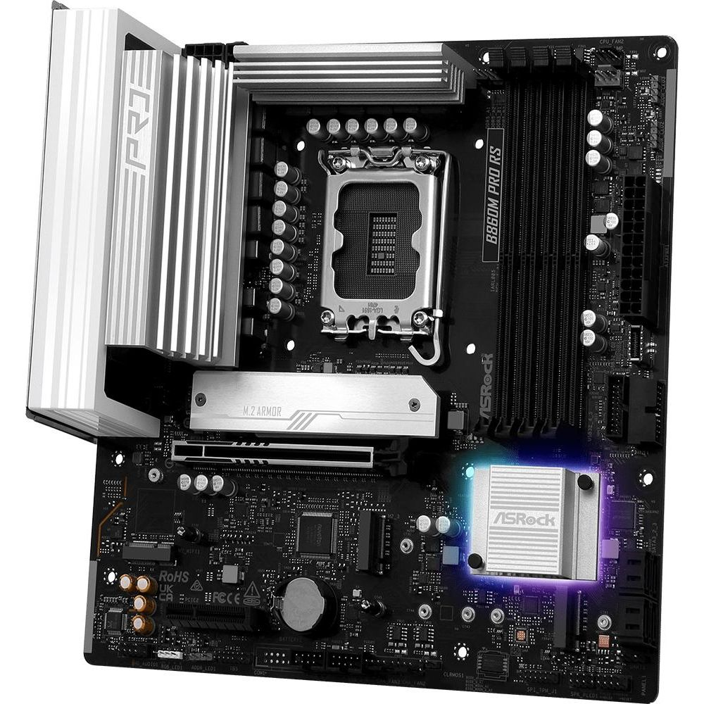 Płyta główna ASRock B860M PRO RS z gniazdem CPU, slotami RAM i radiatorami.