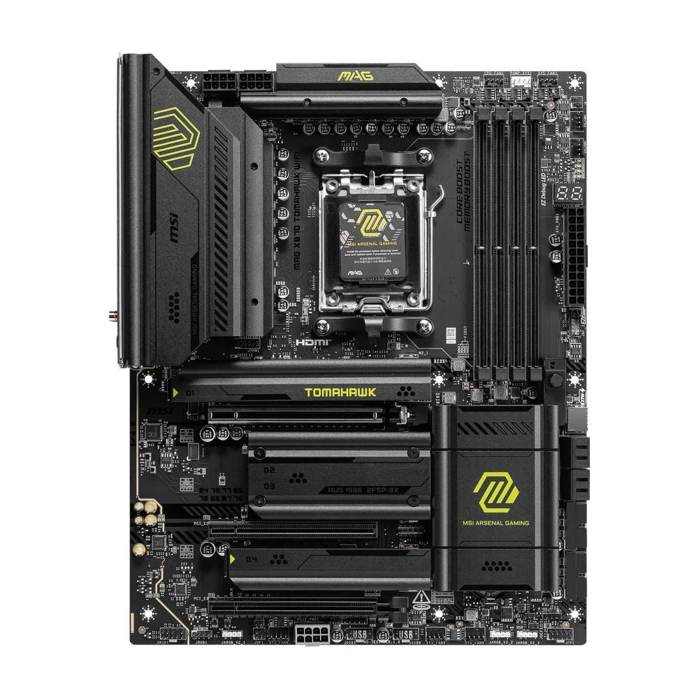 Czarna płyta główna MSI MAG X670 Tomahawk WIFI z żółtymi akcentami.