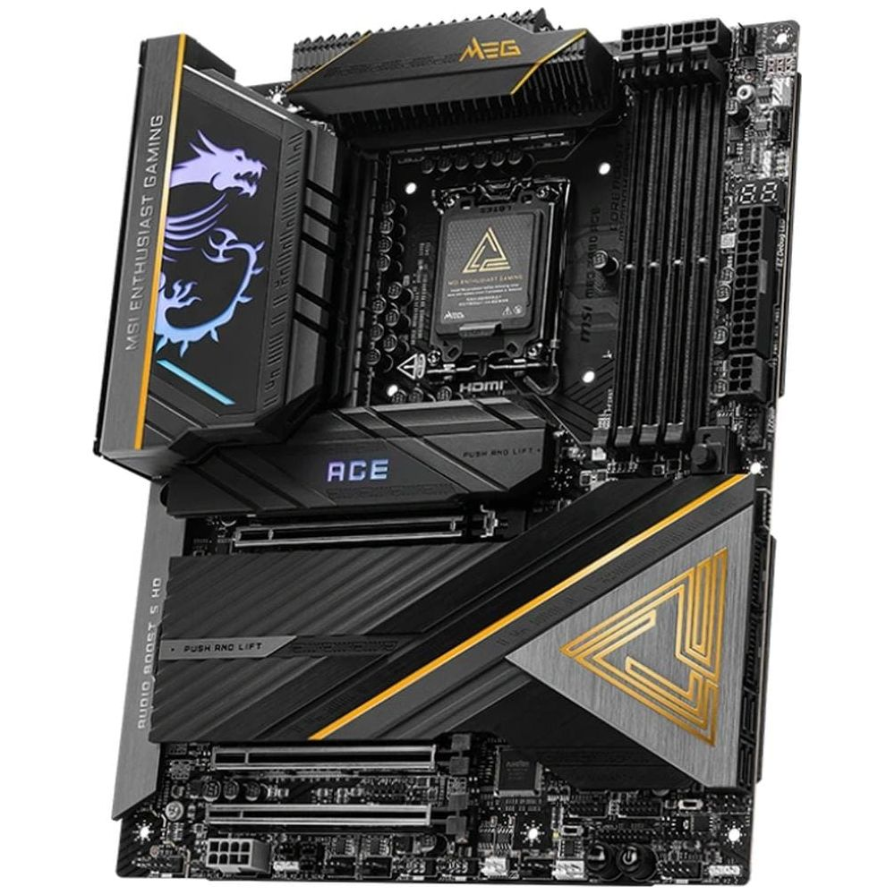 Czarna płyta główna z srebrnymi i złotymi akcentami, logo smoka i napisem "ACE".