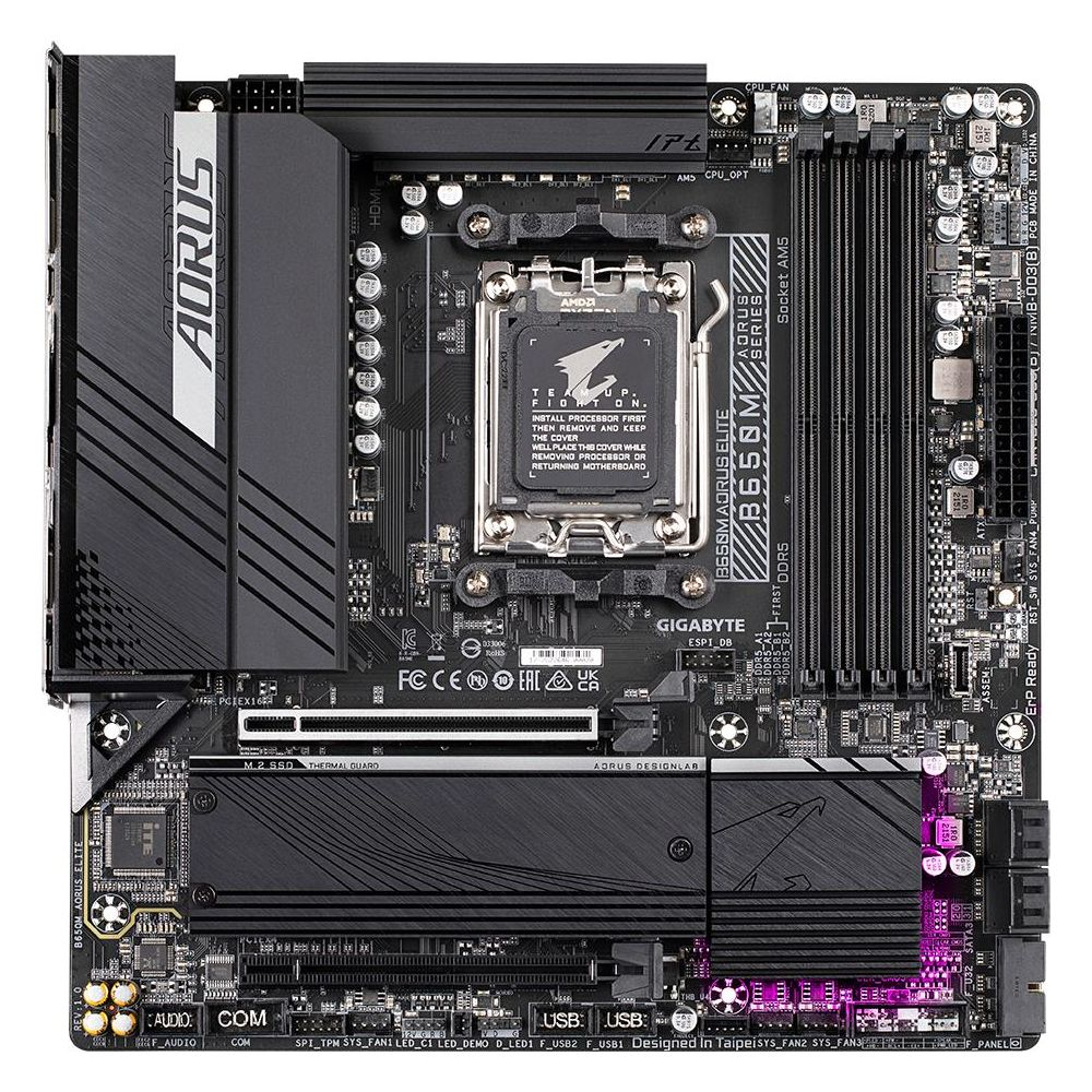 Czarna płyta główna AMD B650M AORUS ELITE z gniazdem CPU AM5.