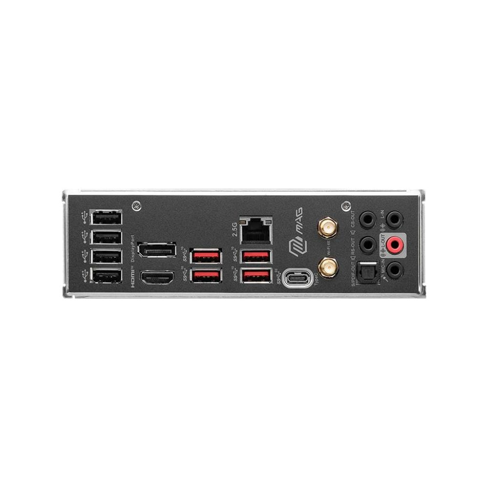 Tylny panel płyty głównej z portami USB, HDMI, DisplayPort, Ethernet i audio.