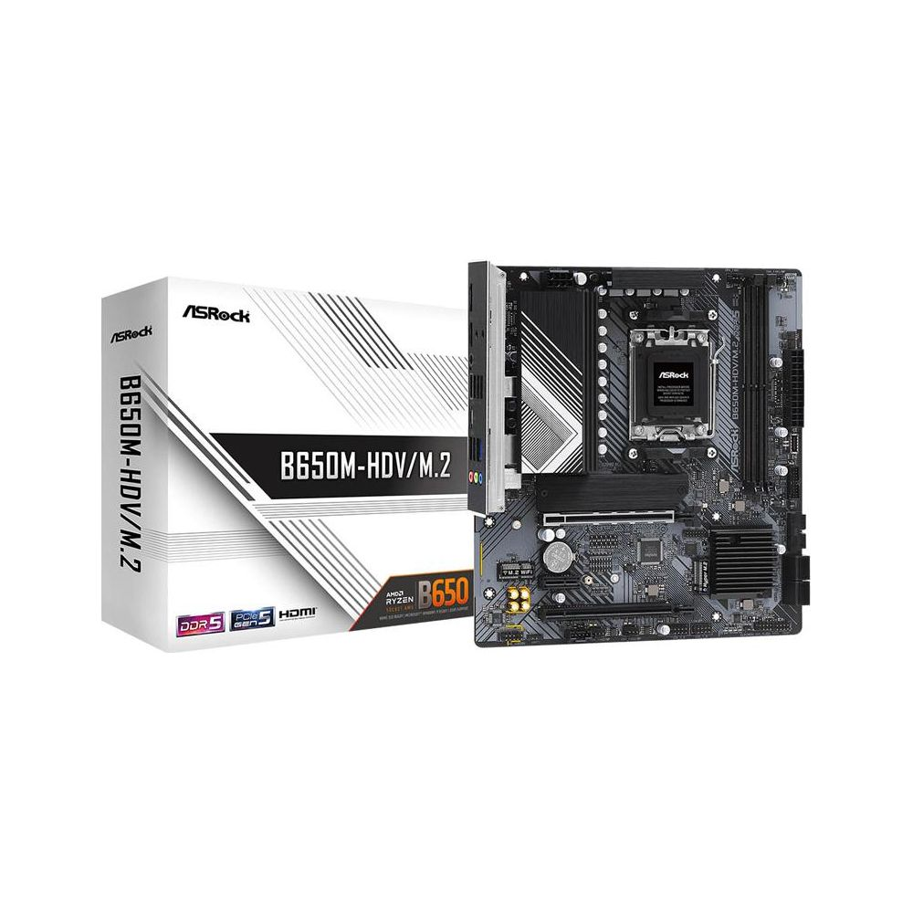 Płyta główna ASRock B650M-HDV/M.2 i pudełko z logo DDR5, PCIe 5, HDMI.