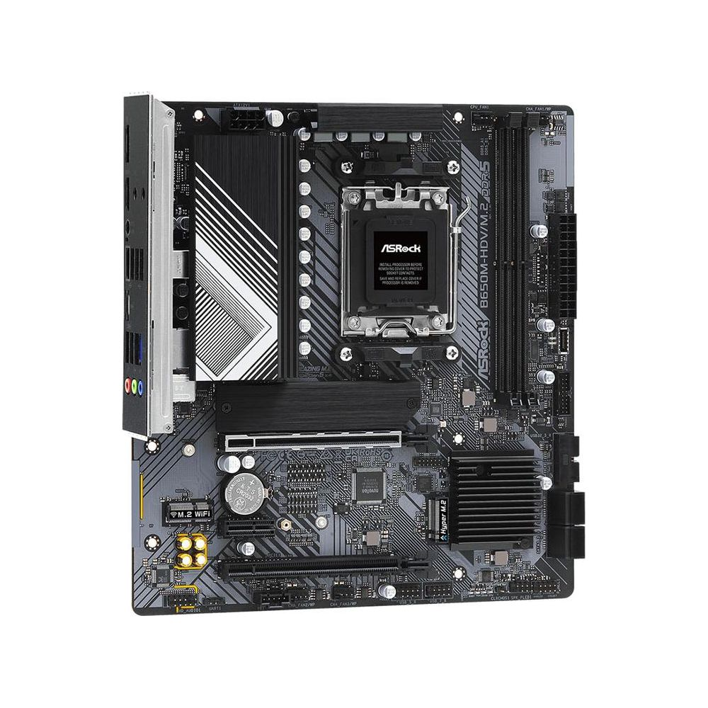 Płyta główna ASRock B650M-HDV/M.2 z gniazdem CPU, slotami RAM i portami.