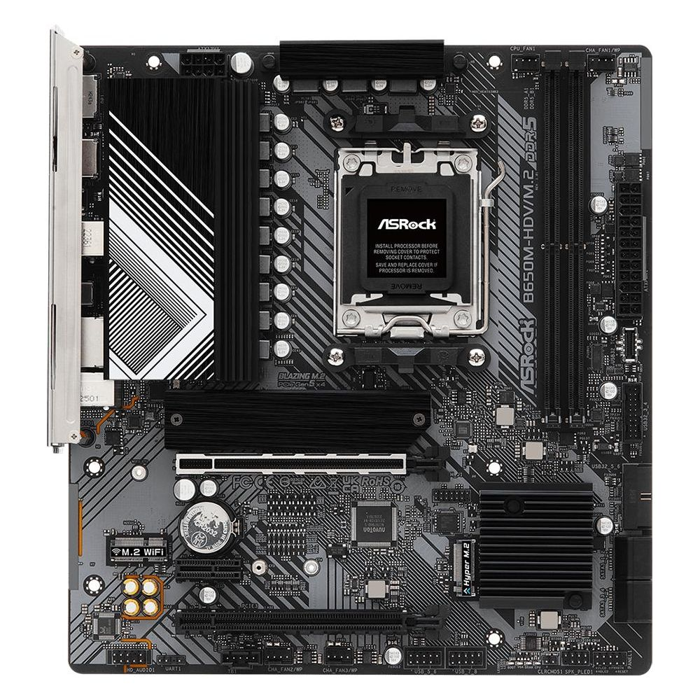 Płyta główna ASRock B650M-HDV/M.2 DDR5 z gniazdem CPU, slotami RAM i portami.