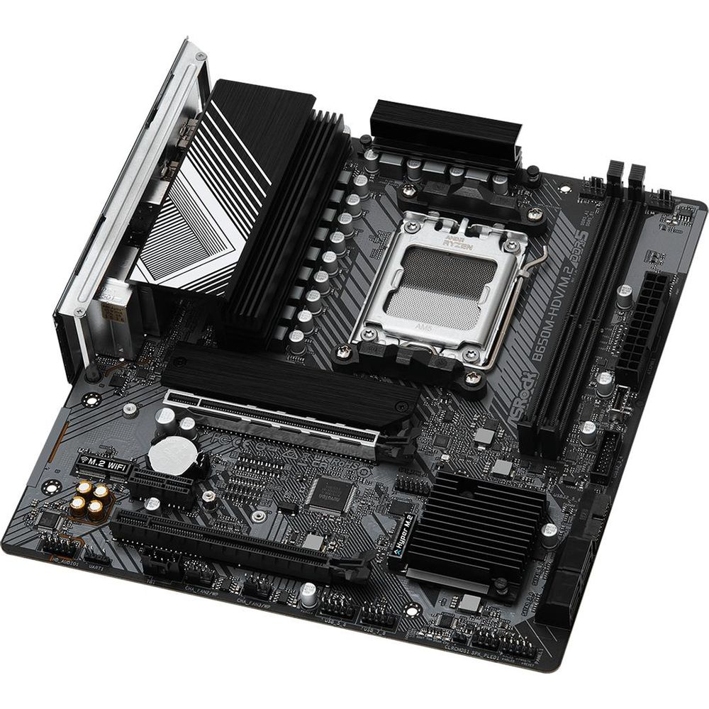 Płyta główna ASRock B650M-HDV/M.2 z gniazdem CPU, slotami RAM i radiatorami.