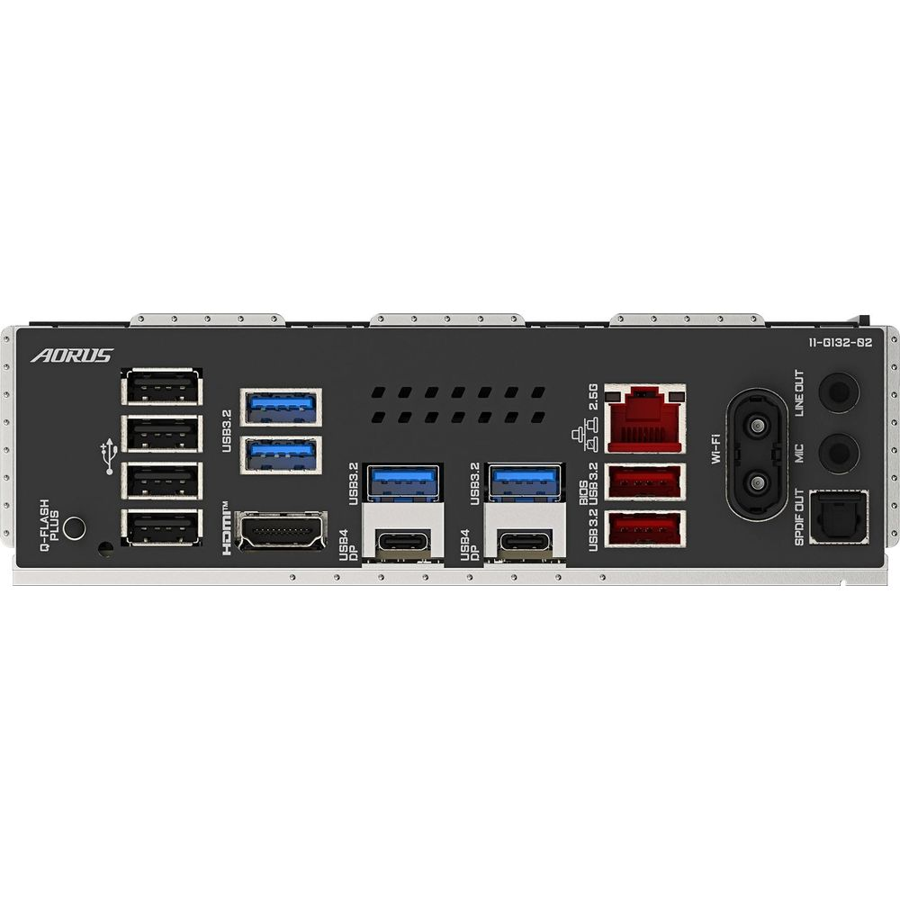 Tylny panel płyty głównej z wieloma portami USB, HDMI, DisplayPort, Ethernet i gniazdami audio.