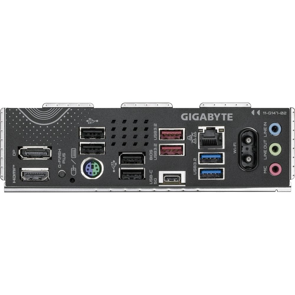 Tylny panel I/O z portami HDMI, DP, USB, Ethernet, Wi-Fi i gniazdami audio.