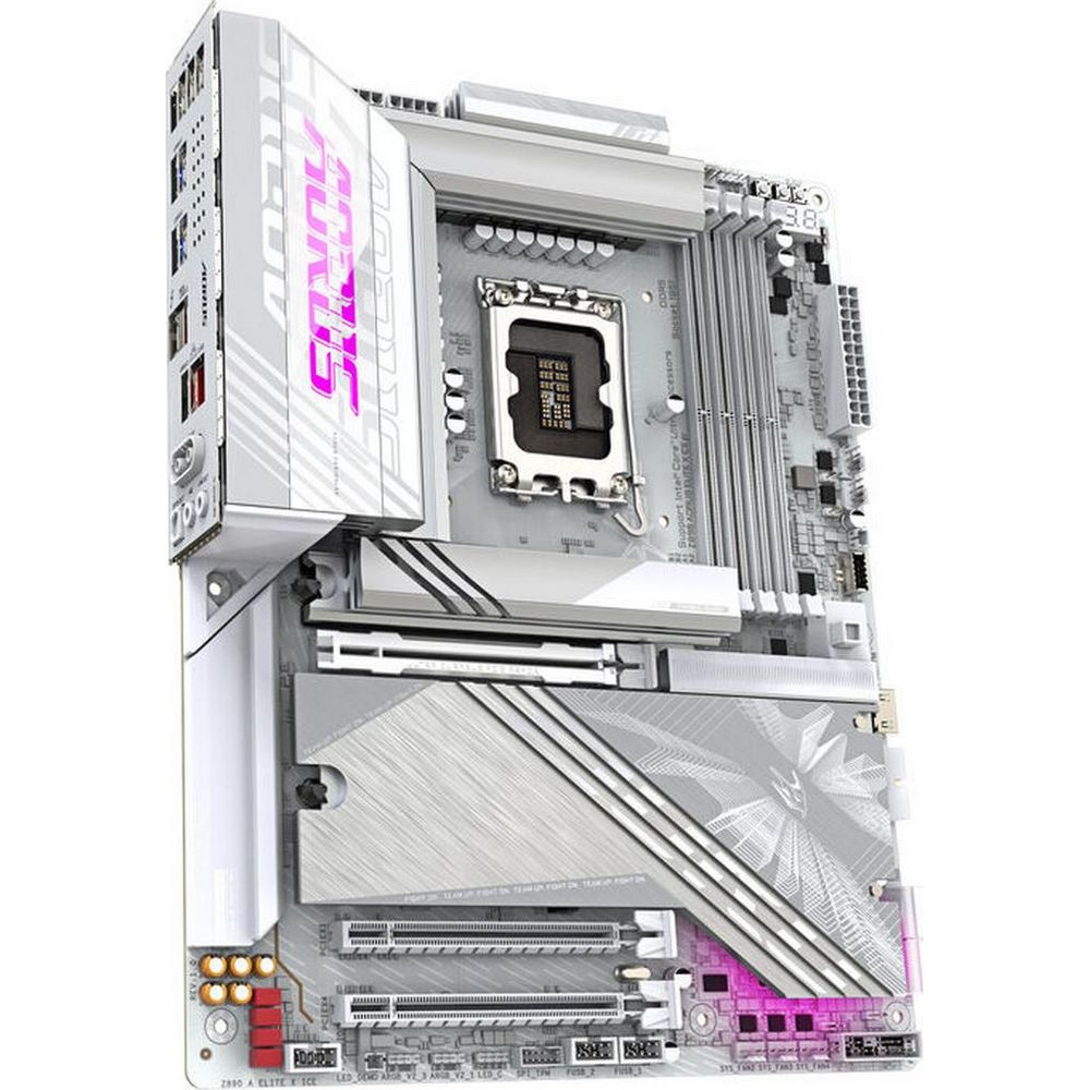 Biała płyta główna z logo AORUS i różowymi akcentami.