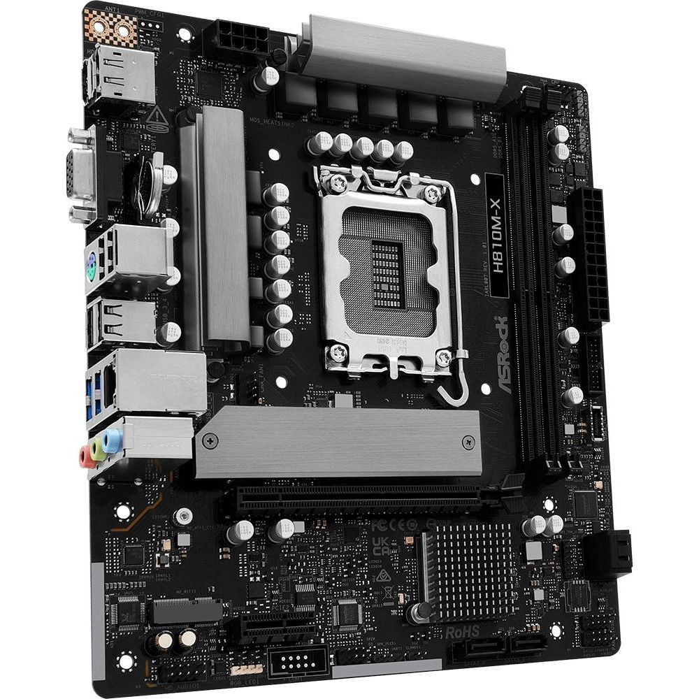 Czarna płyta główna ASRock H810M-X z gniazdem CPU, slotami RAM i złączami.