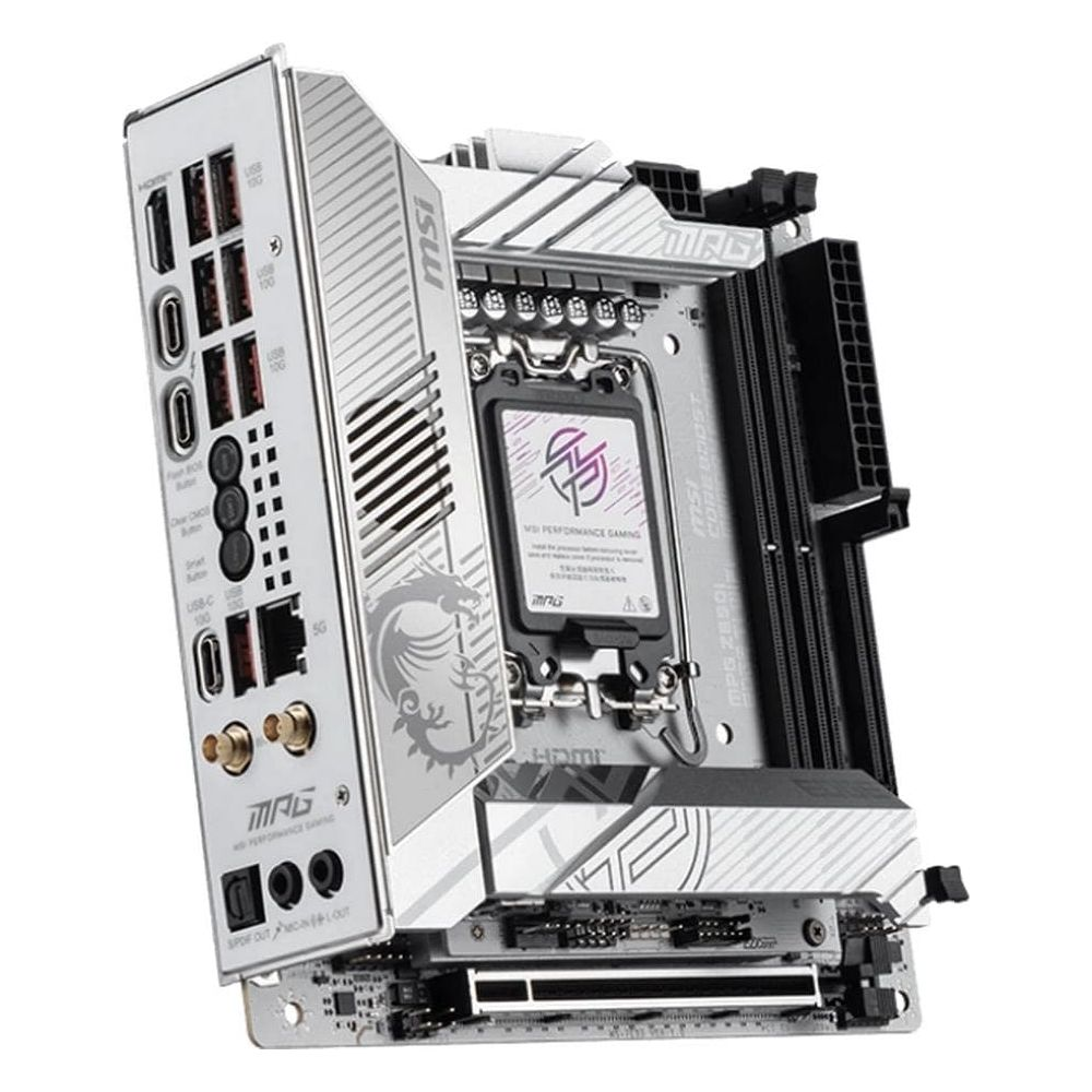 Biała płyta główna MSI z srebrnymi akcentami, pokazująca porty i komponenty.