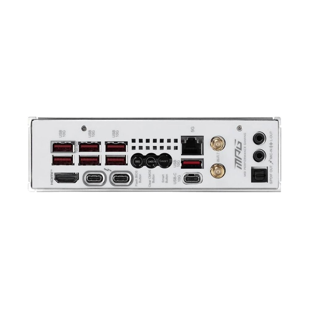 Tylny panel I/O z portami HDMI, USB-C, USB-A, Ethernet, Wi-Fi i audio.