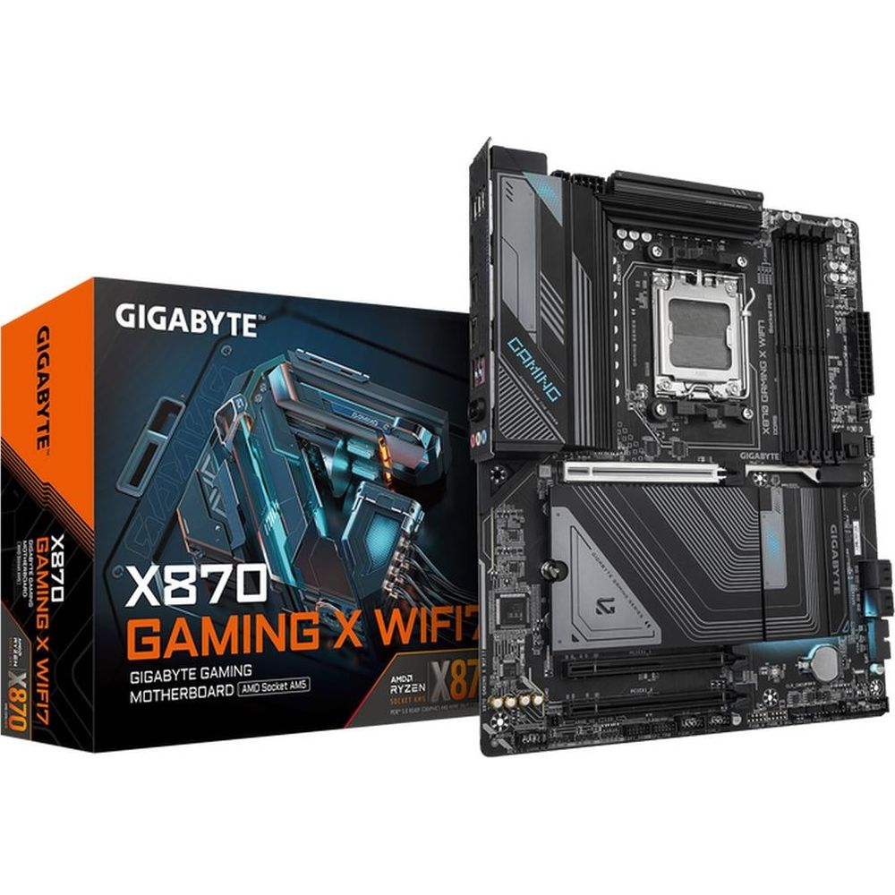 Płyta główna Gigabyte X870 Gaming X WiFi i pudełko, z AMD Ryzen.