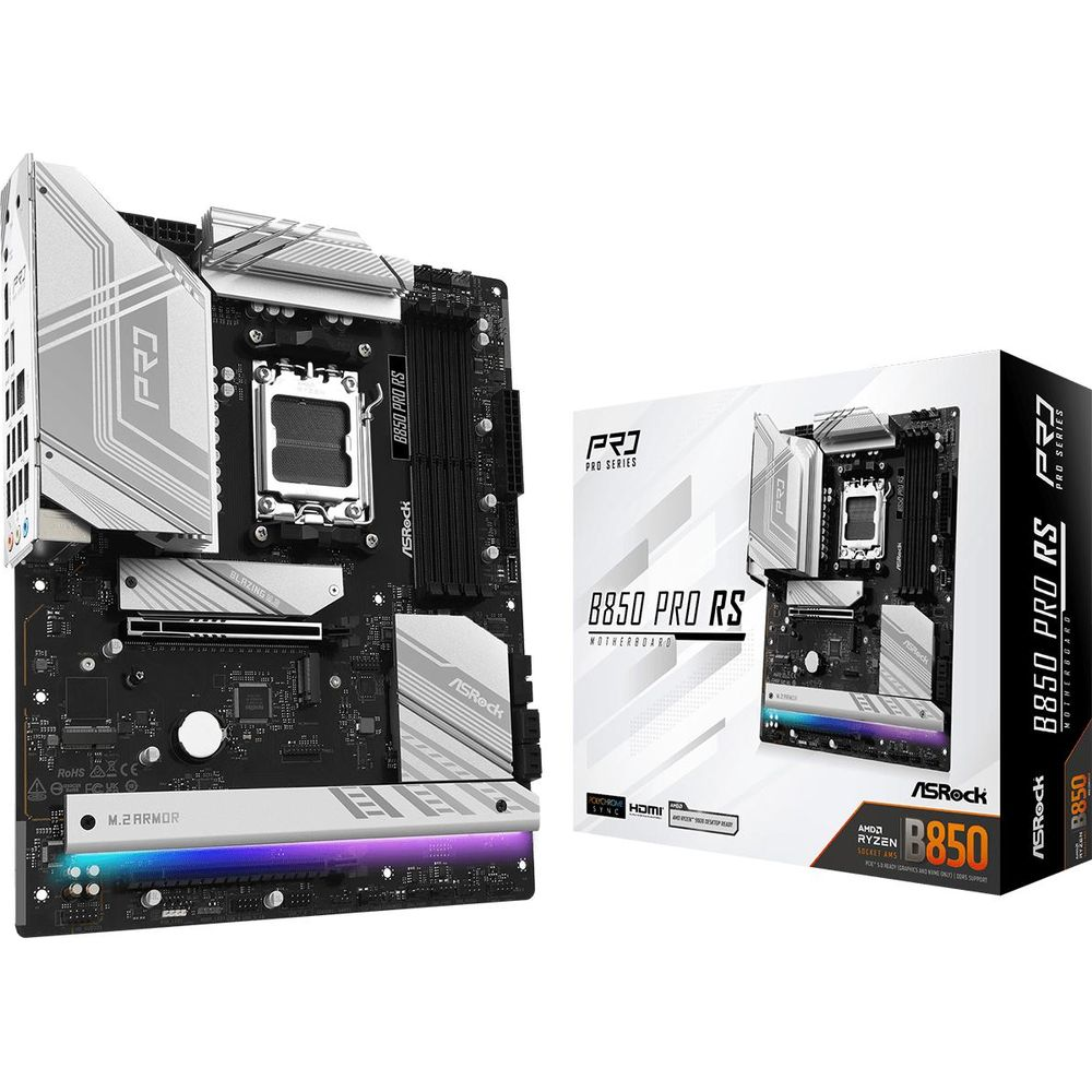 Płyta główna ASRock B850 PRO RS z podświetleniem RGB i pudełkiem.