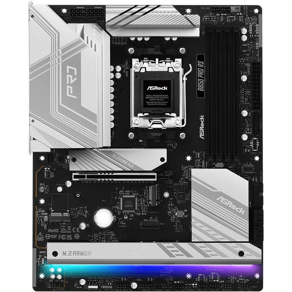 Płyta główna ASRock B850 PRO RS z gniazdem CPU, slotami RAM i oświetleniem RGB.