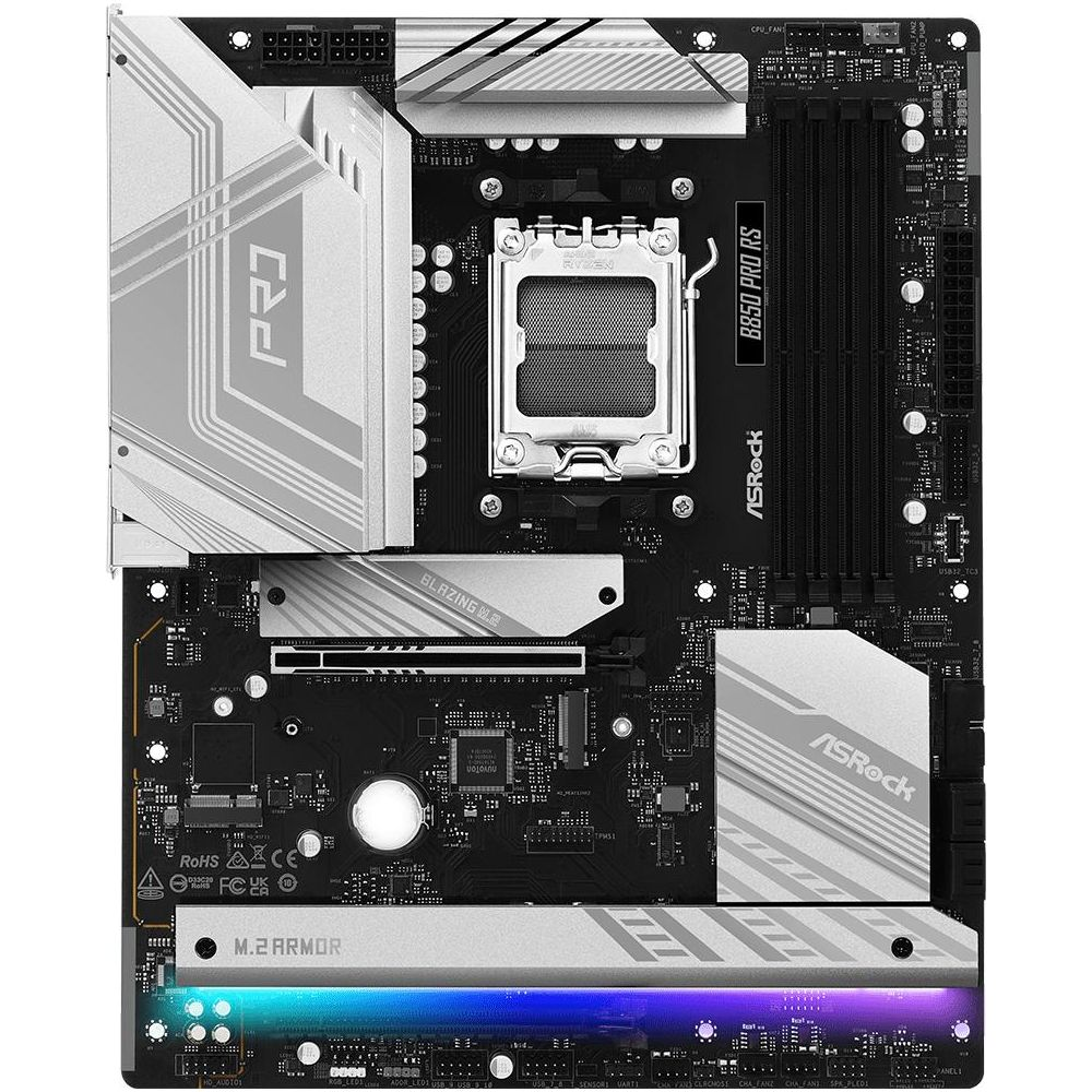 Czarna płyta główna z srebrnymi radiatorami i oświetleniem RGB.